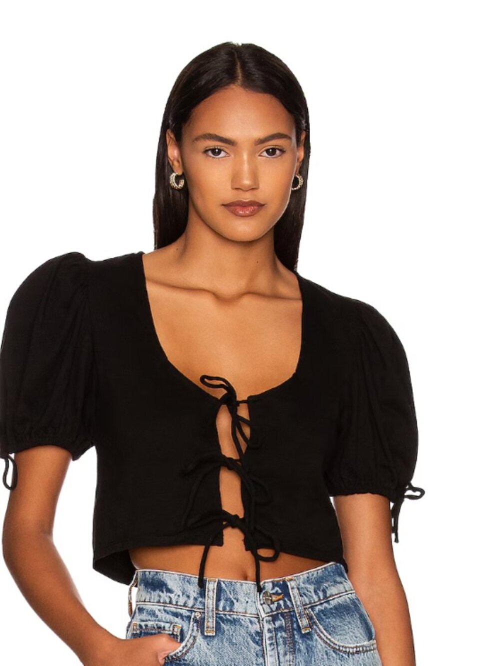Free People Kitty Tee Black Cropped Puff Sleeve Tiered Tie-Front Closure Size XS